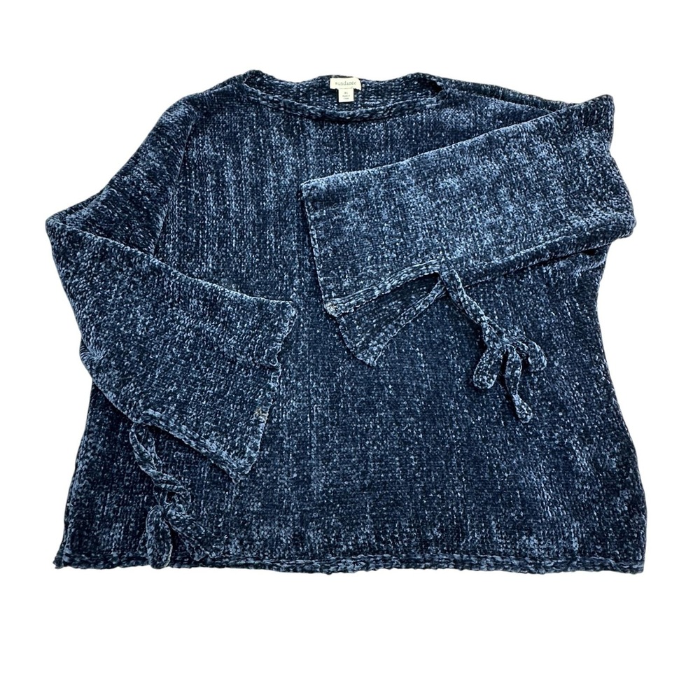 Sundance Sweater Womens XL Blue Chenille Bell Sleeve Tie Hem Boho Pullover Top